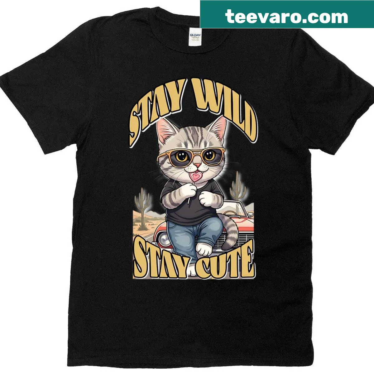 Boho retro cat t-shirt with 'Stay Wild Stay Cute' text and kitten graphic — on a men's t-shirt