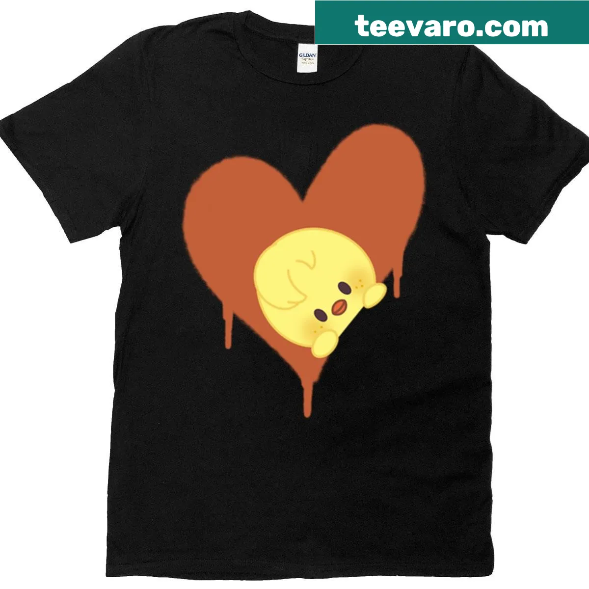 Cute Bbokari character T-shirt featuring hearts and Stray Kids theme. — on a men's t-shirt