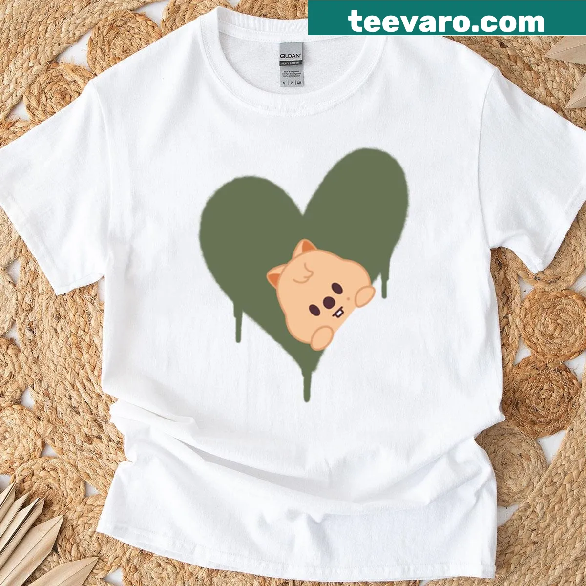 Illustration of Stray Kids Han with a quokka heart graphic. — on a men's t-shirt