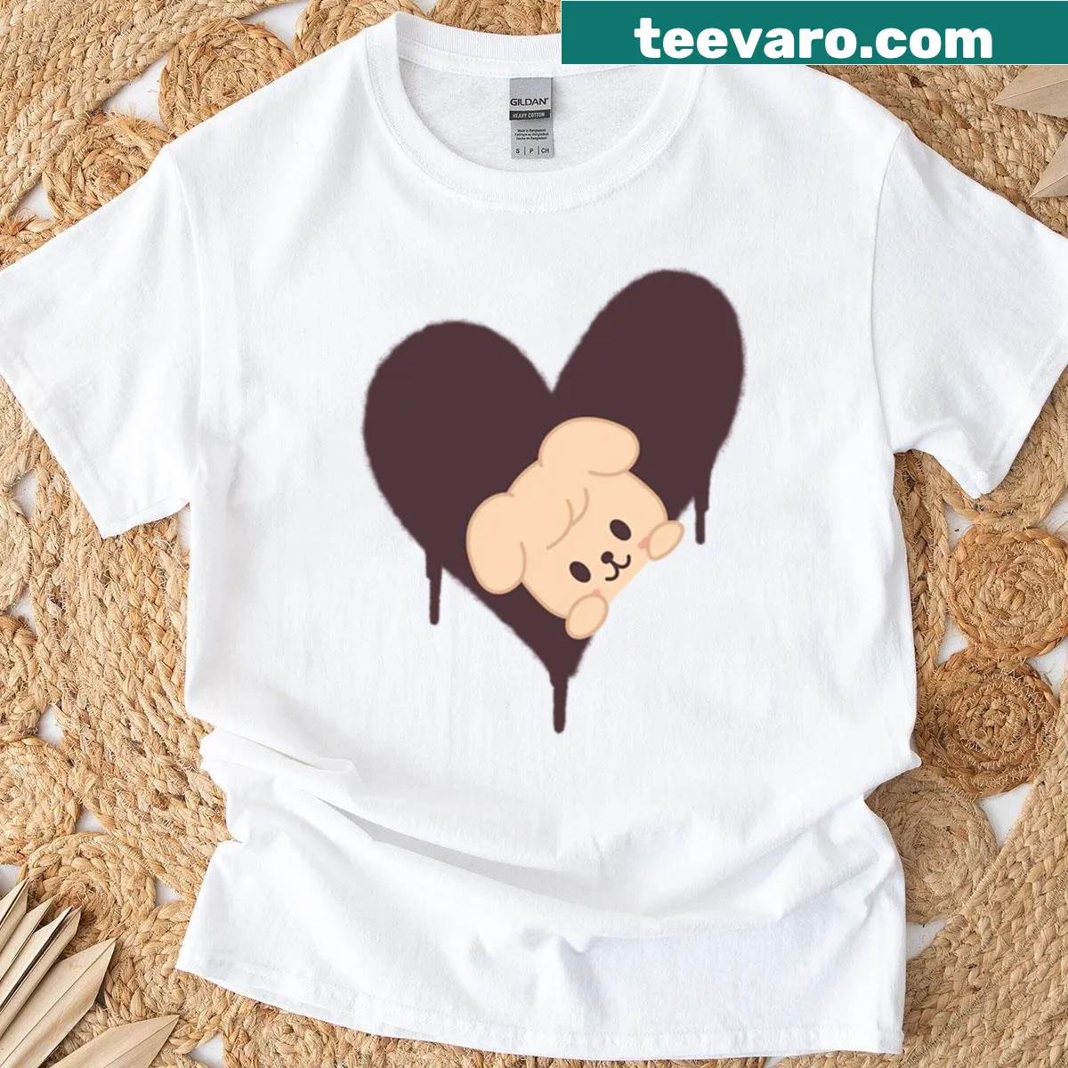Cartoon-style Seungmin with puppy heart design — on a men's t-shirt