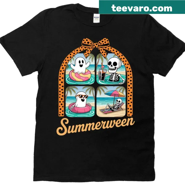 Skeleton ghost beach party graphic on a T-shirt for Halloween