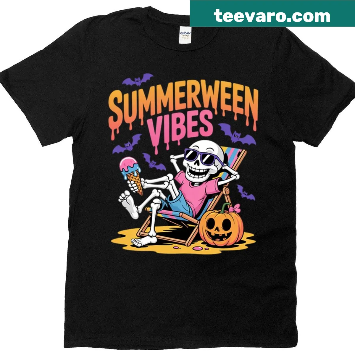 Whimsical skeleton and pumpkin illustration on Summerween t-shirt — on a men's t-shirt