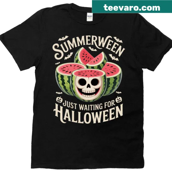 Playful watermelon ghost and bats illustration on Summerween t-shirt