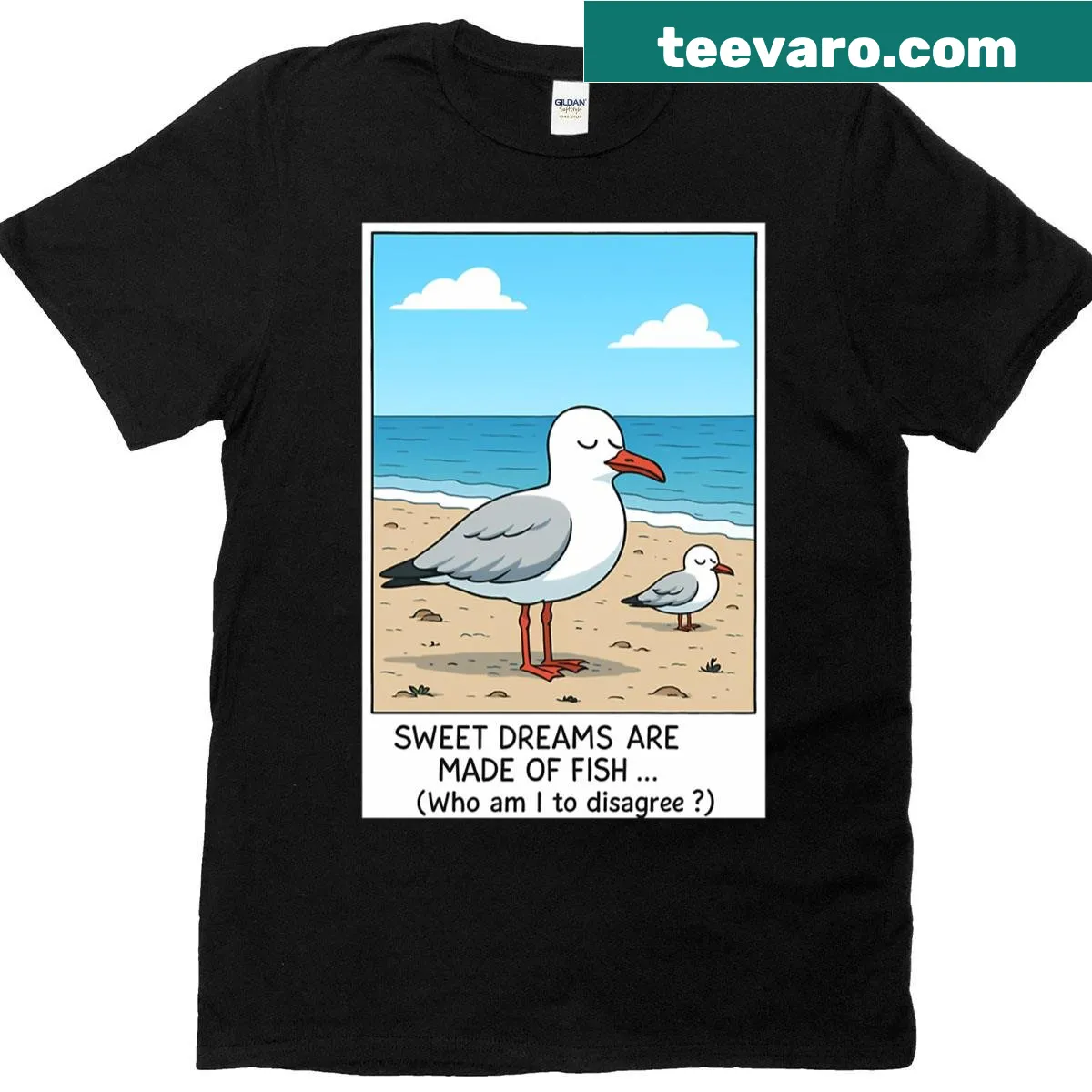 Funny t-shirt with seagull graphic and humorous text — on a men's t-shirt