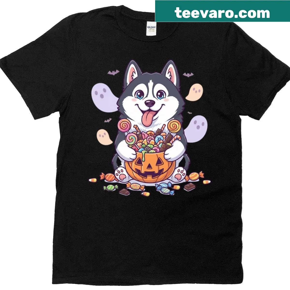 Cute husky Halloween t-shirt with candy pumpkins illustration. — on a men's t-shirt