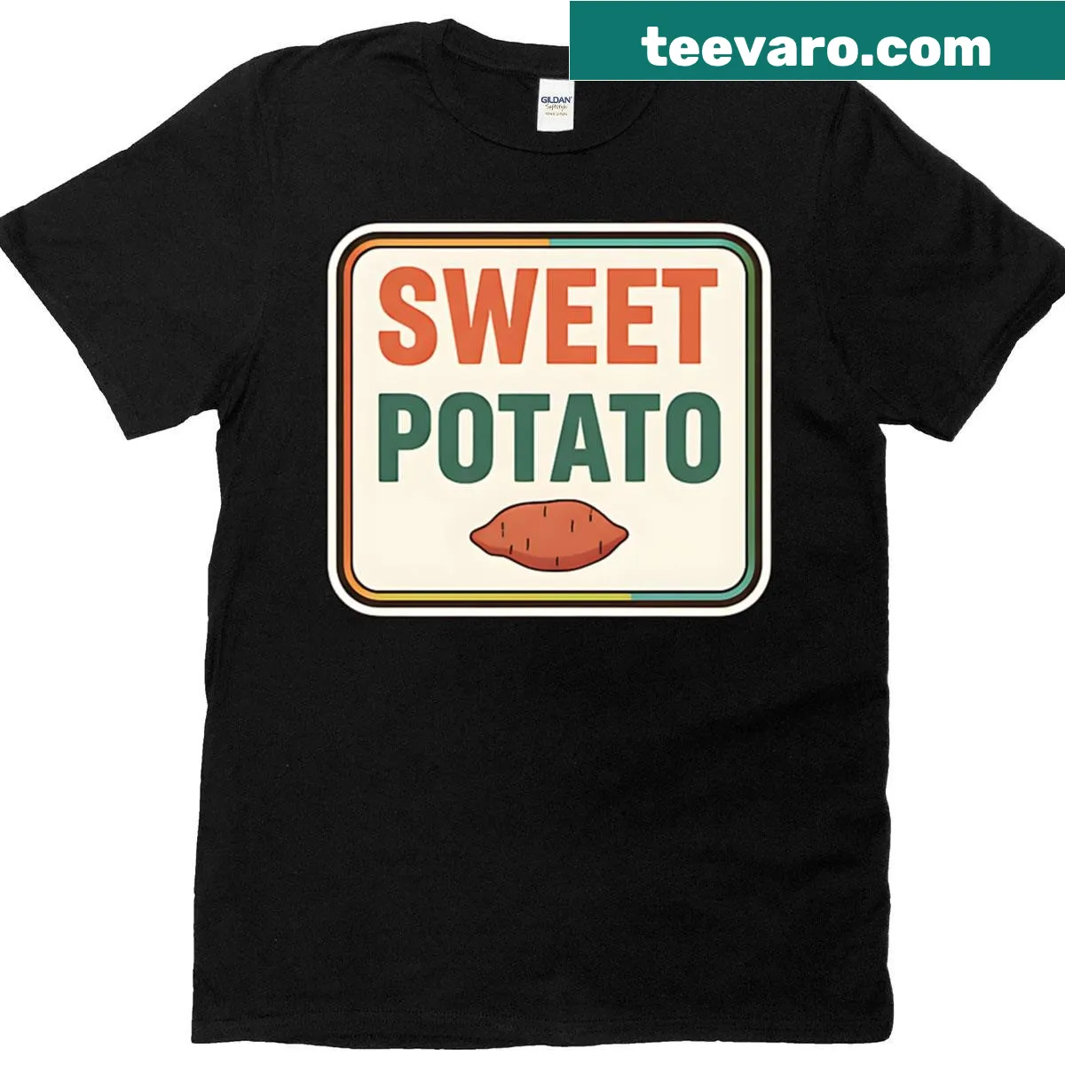 Retro-style sweet potato t-shirt with a funny food pun design. — on a men's t-shirt
