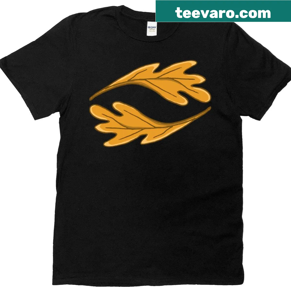 Symmetrical golden oak leaves design on an autumn-themed t-shirt. — on a men's t-shirt