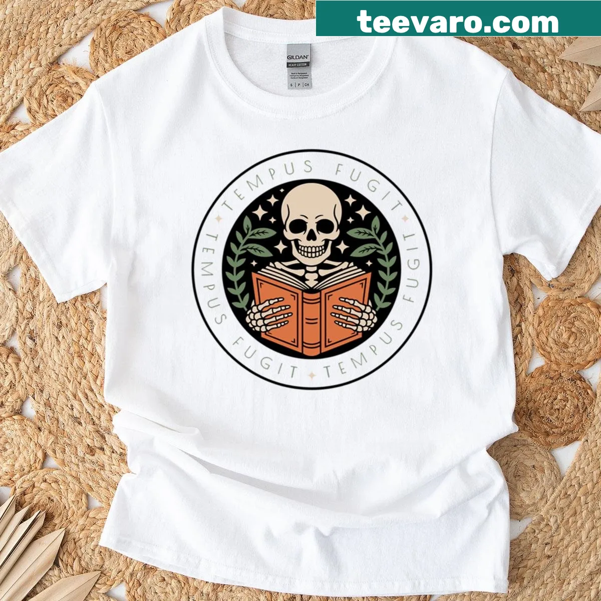 Minimalist t-shirt with the phrase 'Tempus Fugit' in clean typography — on a men's t-shirt