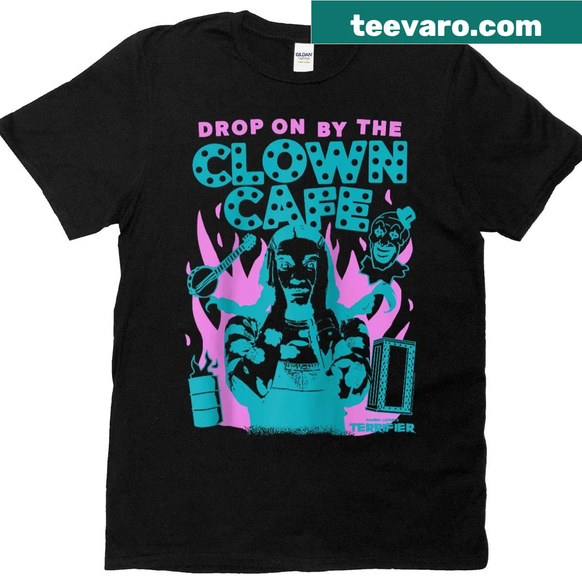 Horror movie-themed raglan tee with clown cafe design — on a men's t-shirt