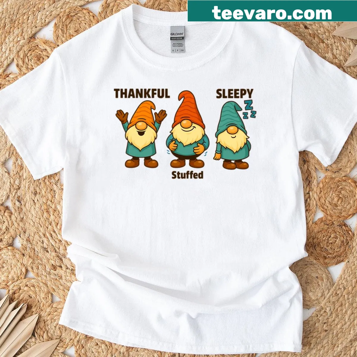 Whimsical gnome trio design for Thanksgiving on a T-shirt. — on a men's t-shirt