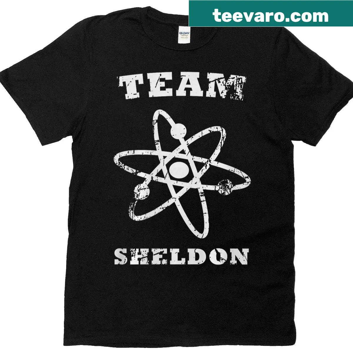 T-shirt featuring 'The Big Bang Theory' logo with Team Sheldon and atom design. — on a men's t-shirt