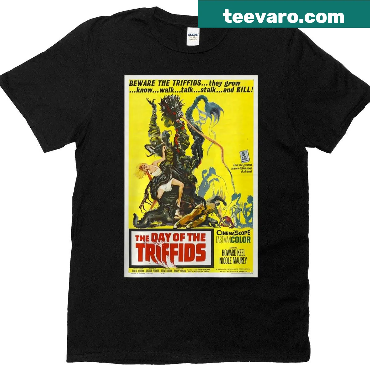 Vintage-style T-shirt featuring classic sci-fi movie poster design — on a men's t-shirt