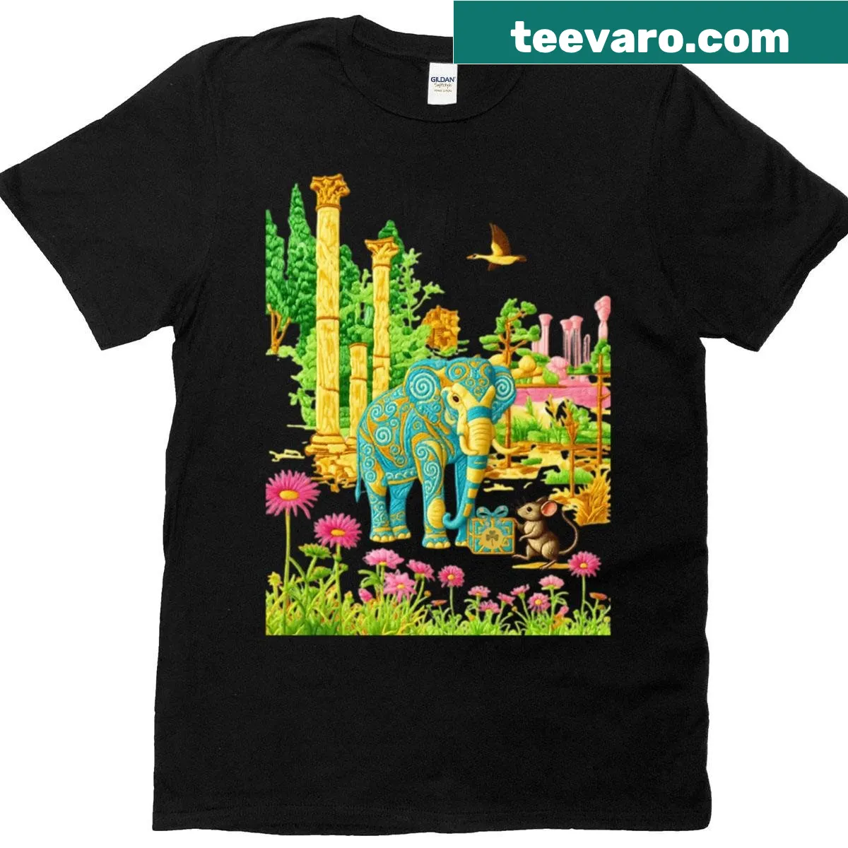 Whimsical illustration of an elephant gifting a mouse, symbolizing friendship. — on a men's t-shirt
