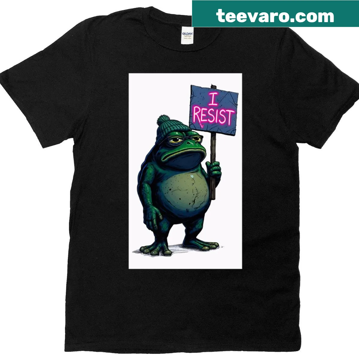 Humorous I Resist amphibian t-shirt with bold typography — on a men's t-shirt