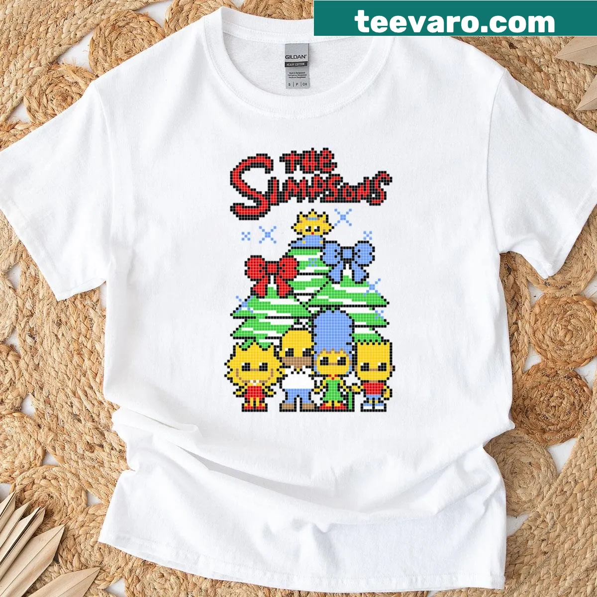 8-bit pixel art of The Simpsons family for Christmas — on a men's t-shirt