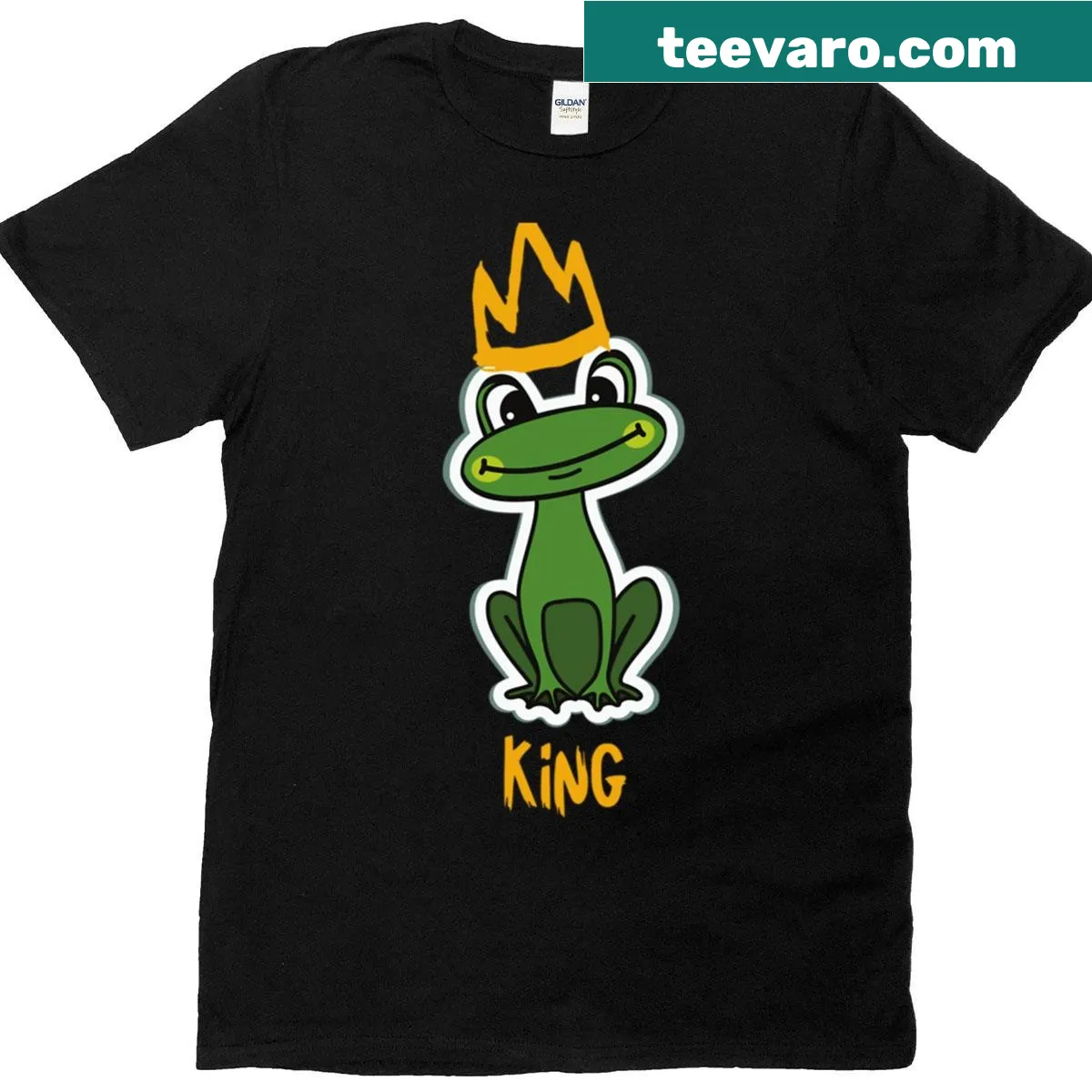 Oversized t-shirt featuring a smiling cartoon king frog — on a men's t-shirt