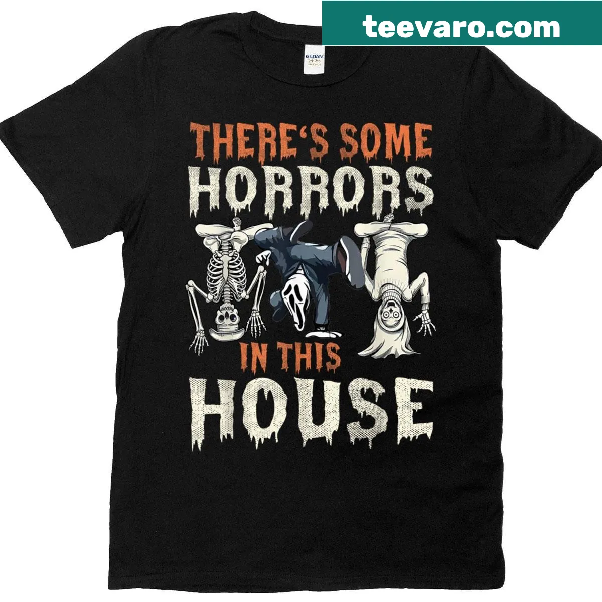 Ghost Halloween T-shirt with the phrase 'There's Some Horrors In This House' — on a men's t-shirt