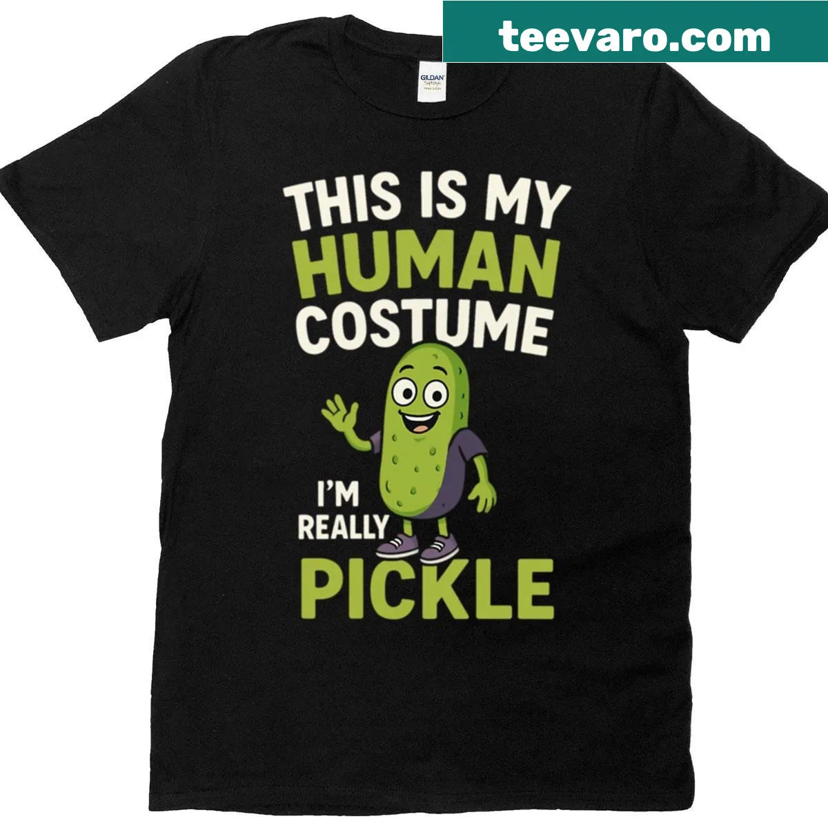 Funny human costume saying featuring a pickle on an oversized T-shirt — on a men's t-shirt