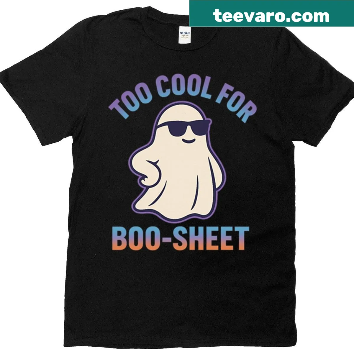 Funny ghost t-shirt with the phrase 'Too Cool For Boo-sheet' — on a men's t-shirt