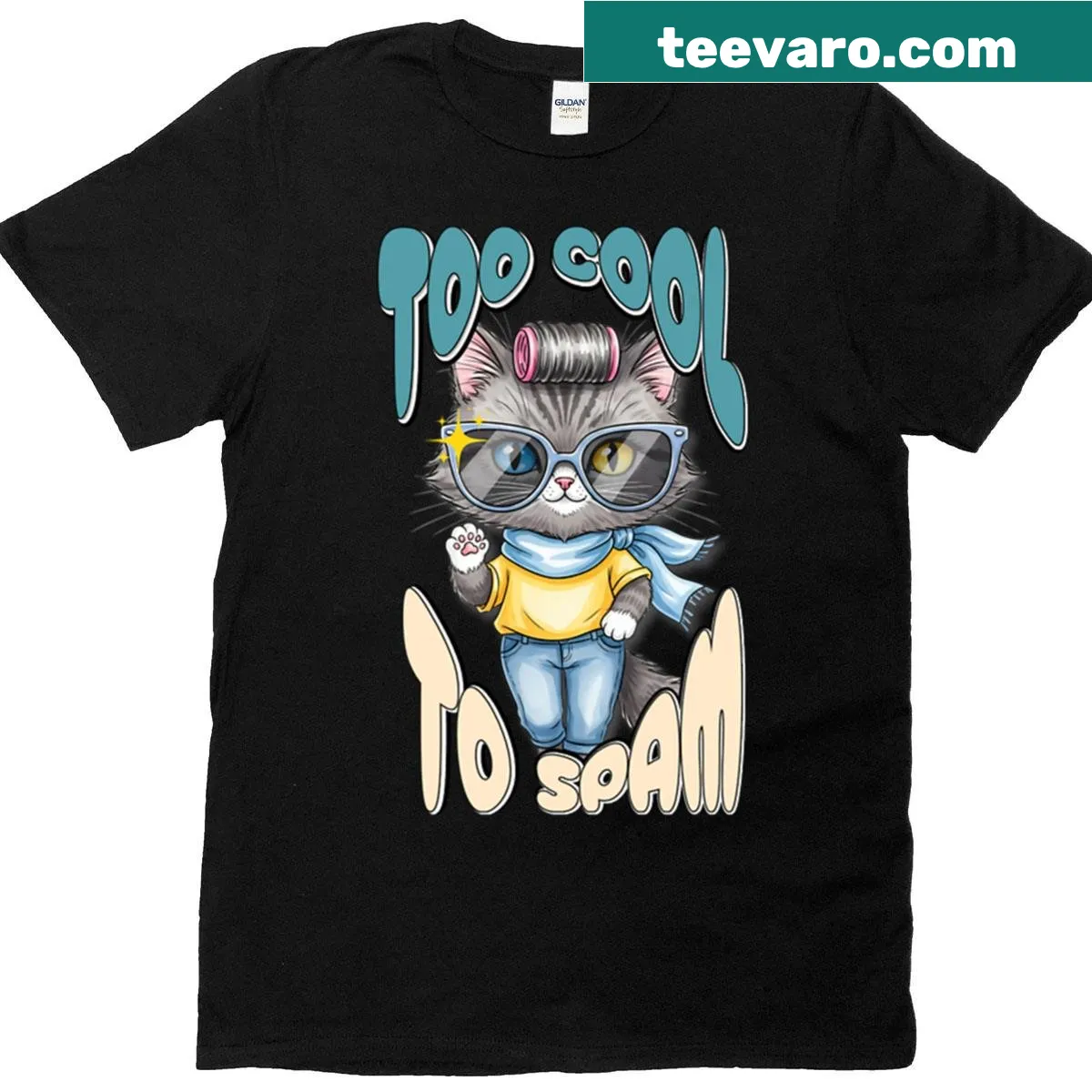 Sassy retro gamer tee with the phrase 'Too Cool To Spam' and a cool cat design — on a men's t-shirt