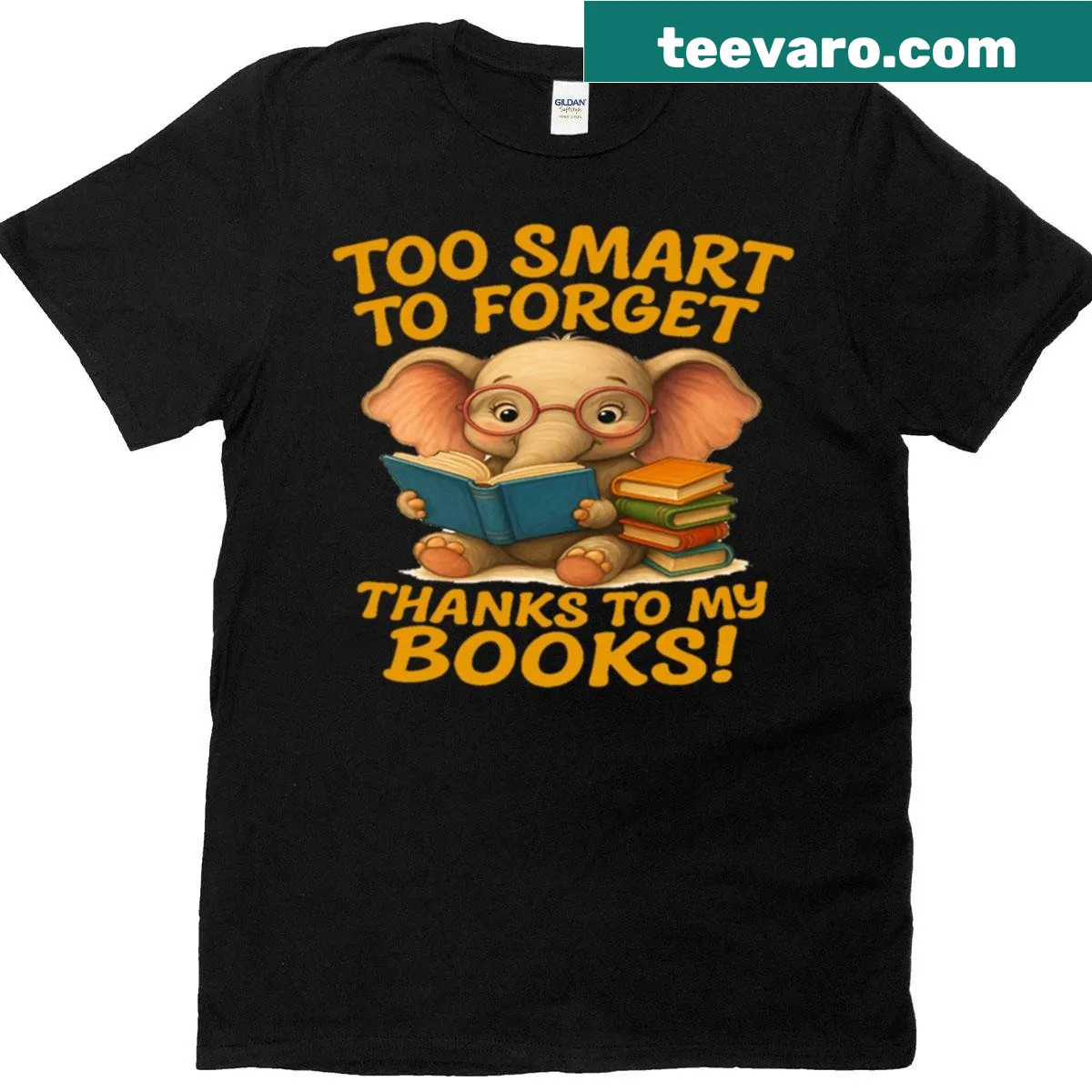 Cute reading elephant illustration with the text 'Too Smart To Forget' — on a men's t-shirt