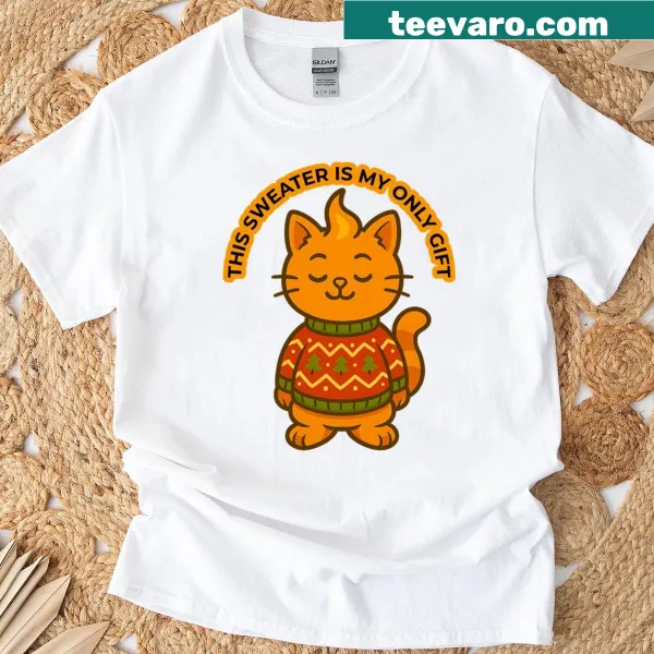 Humorous orange cat design on Ugly Christmas T-shirt