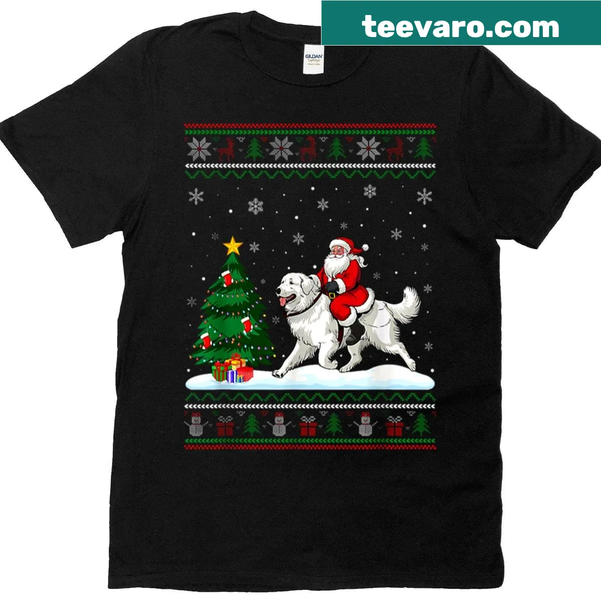 Whimsical holiday T-shirt with Santa riding a Great Pyrenees — on a men's t-shirt