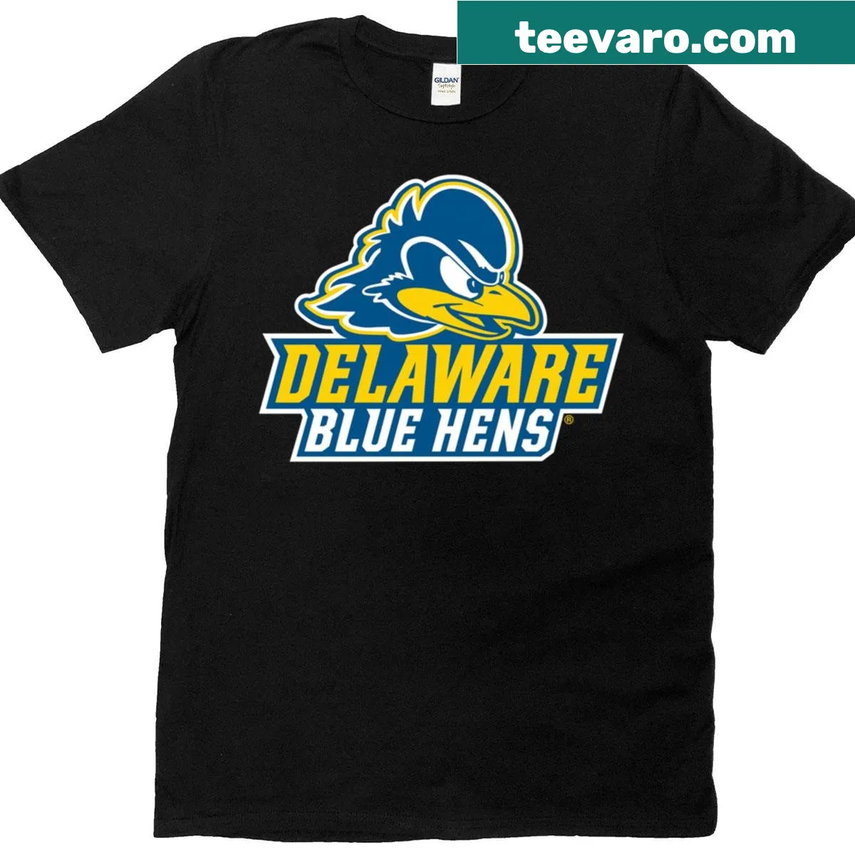 T-shirt featuring the University of Delaware Blue Hens logo — on a men's t-shirt
