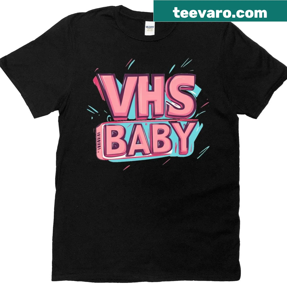 VHS Baby t-shirt featuring bold typography design. — on a men's t-shirt