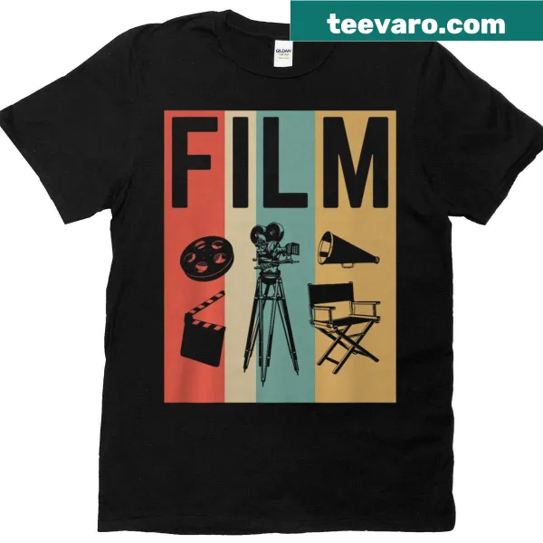 Retro movie maker t-shirt with classic film reel graphics.