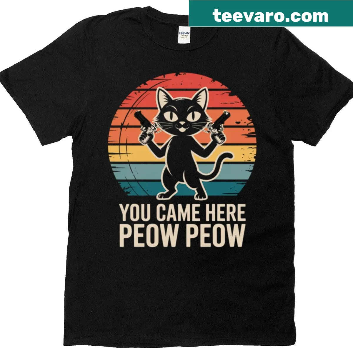 Vintage design T-shirt featuring the funny quote 'You Came Here Peow Peow' — on a men's t-shirt