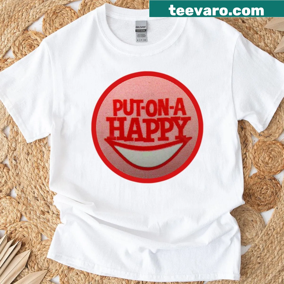 Vintage t-shirt with 'Put On A Happy Face' retro typography design. — on a men's t-shirt