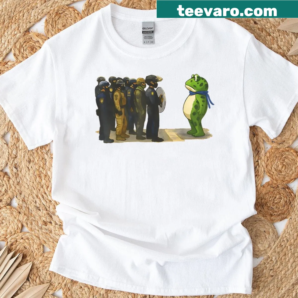 Vintage protest art t-shirt featuring a cartoon frog — on a men's t-shirt