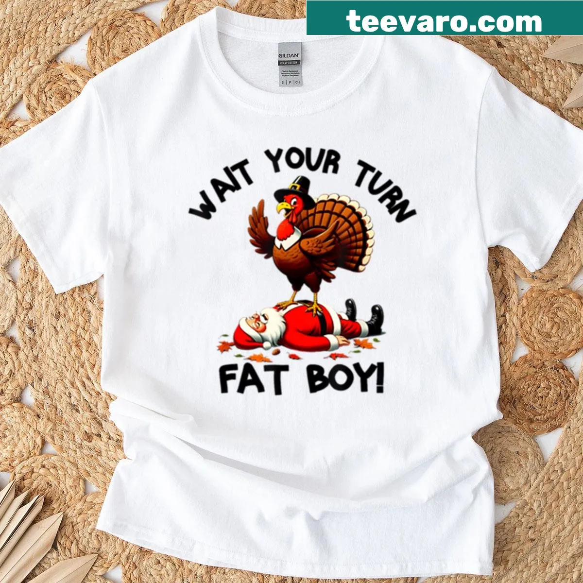 Funny Thanksgiving T-shirt with Santa and turkey illustration — on a men's t-shirt