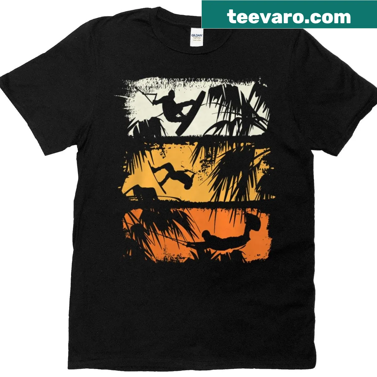 Vintage wakeboard lifestyle T-shirt with palm trees logo design. — on a men's t-shirt