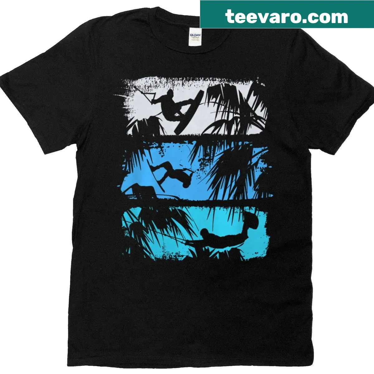 Vintage-style T-shirt featuring a wakeboarding logo with palm trees — on a men's t-shirt