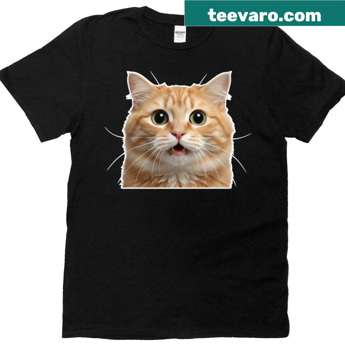 T-shirt featuring a wide-eyed cat graphic — on a men's t-shirt