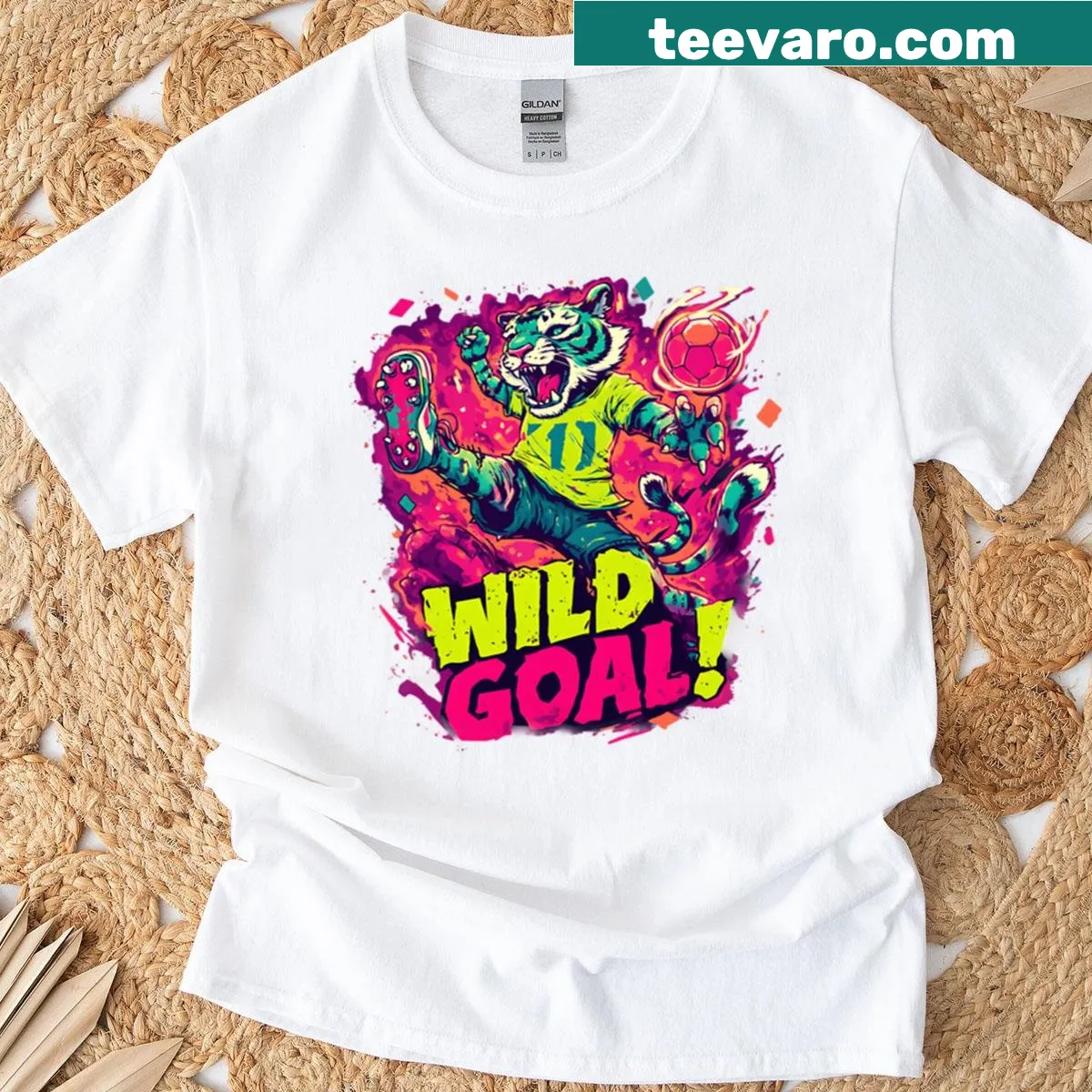Tiger soccer player graphic t-shirt in street art style — on a men's t-shirt