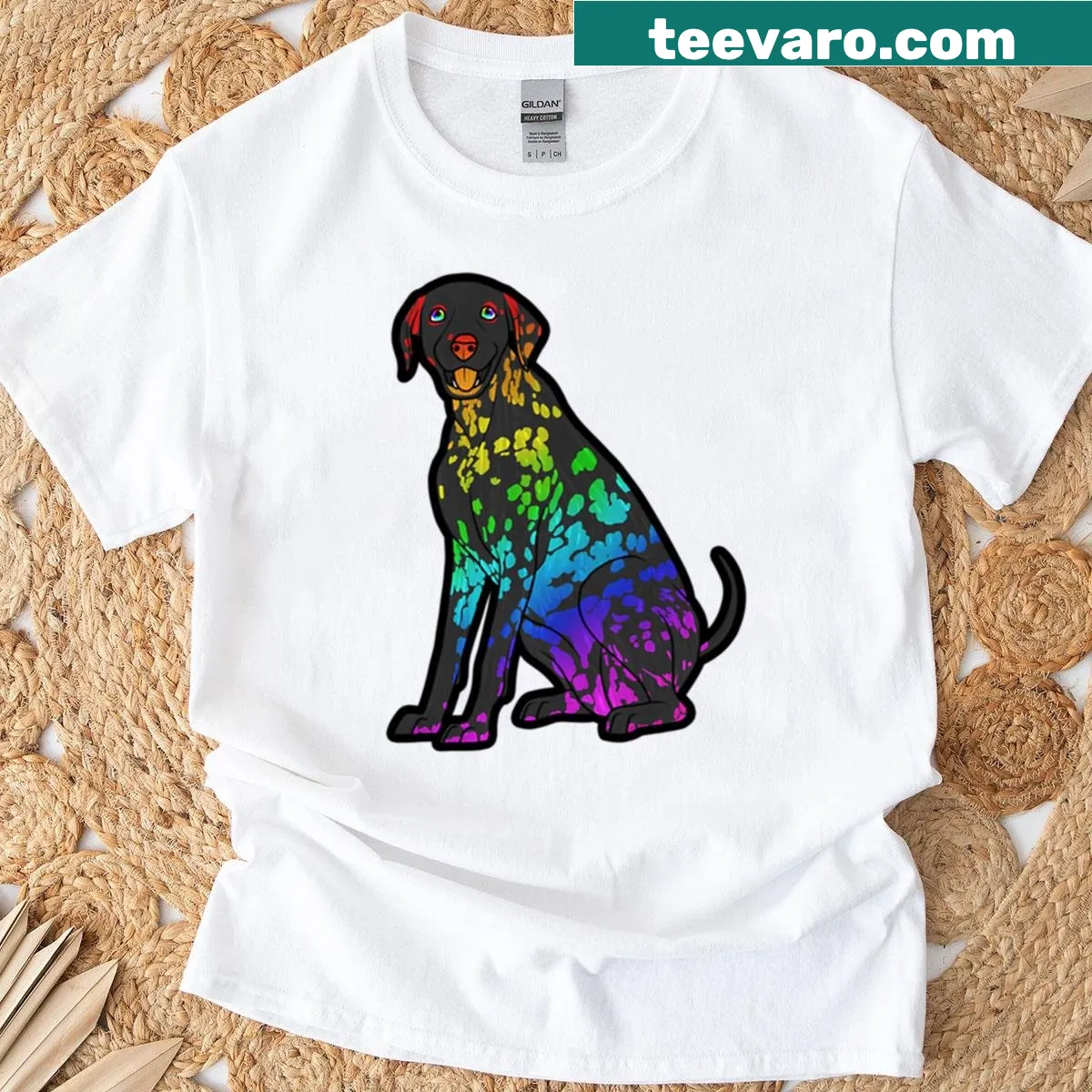 T-shirt featuring a playful illustration of a dog — on a men's t-shirt