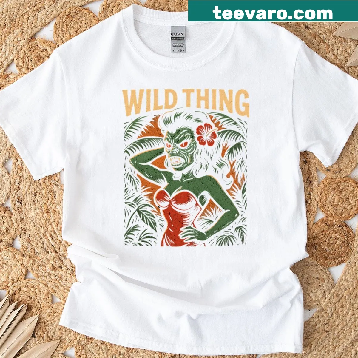 Rockabilly style tee featuring a monster girl in a tropical design — on a men's t-shirt
