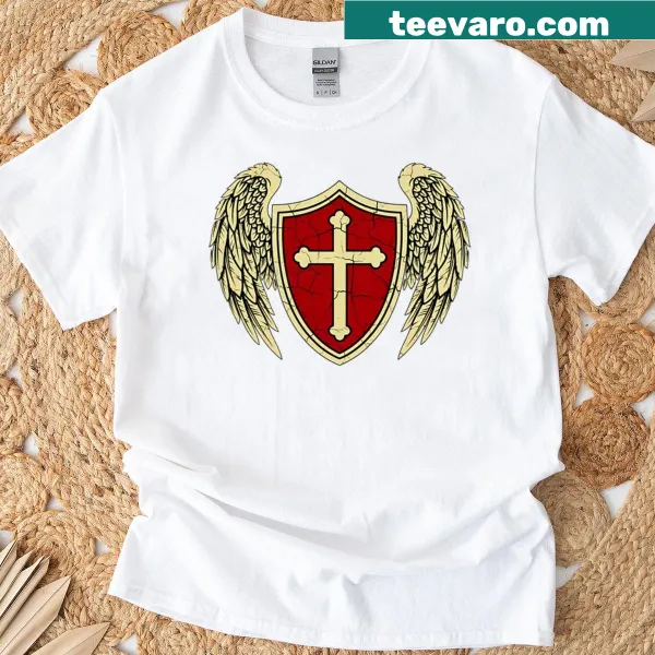 T-shirt with winged shield and cross design