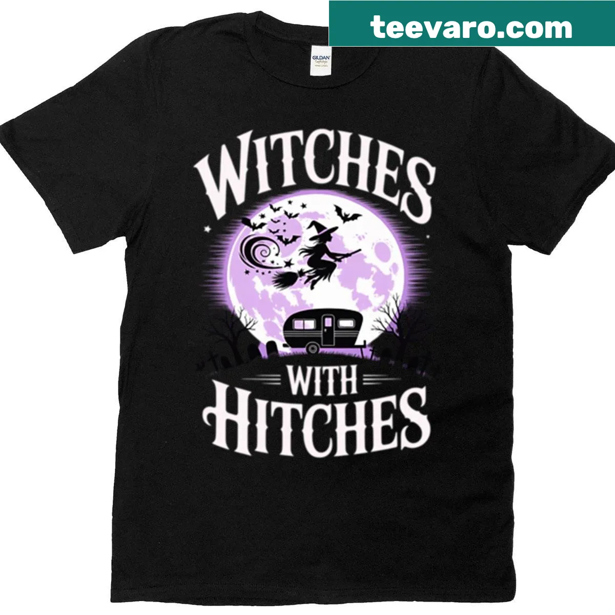 Halloween camping t-shirt featuring a witch's hat and whimsical text — on a men's t-shirt