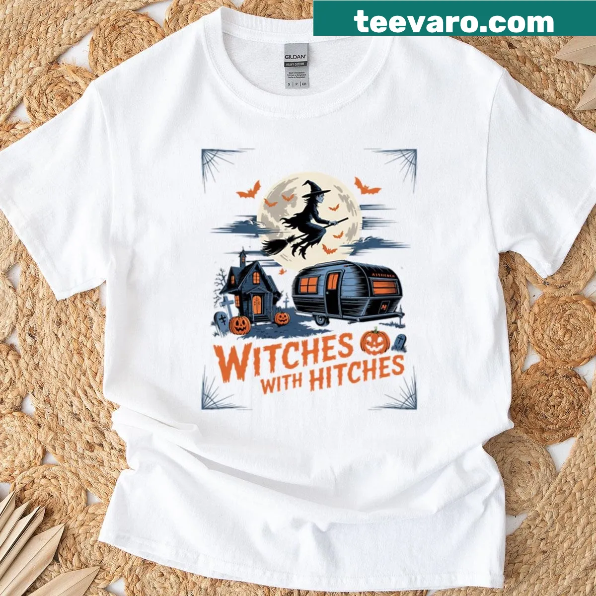 Halloween camping witches design T-shirt — on a men's t-shirt