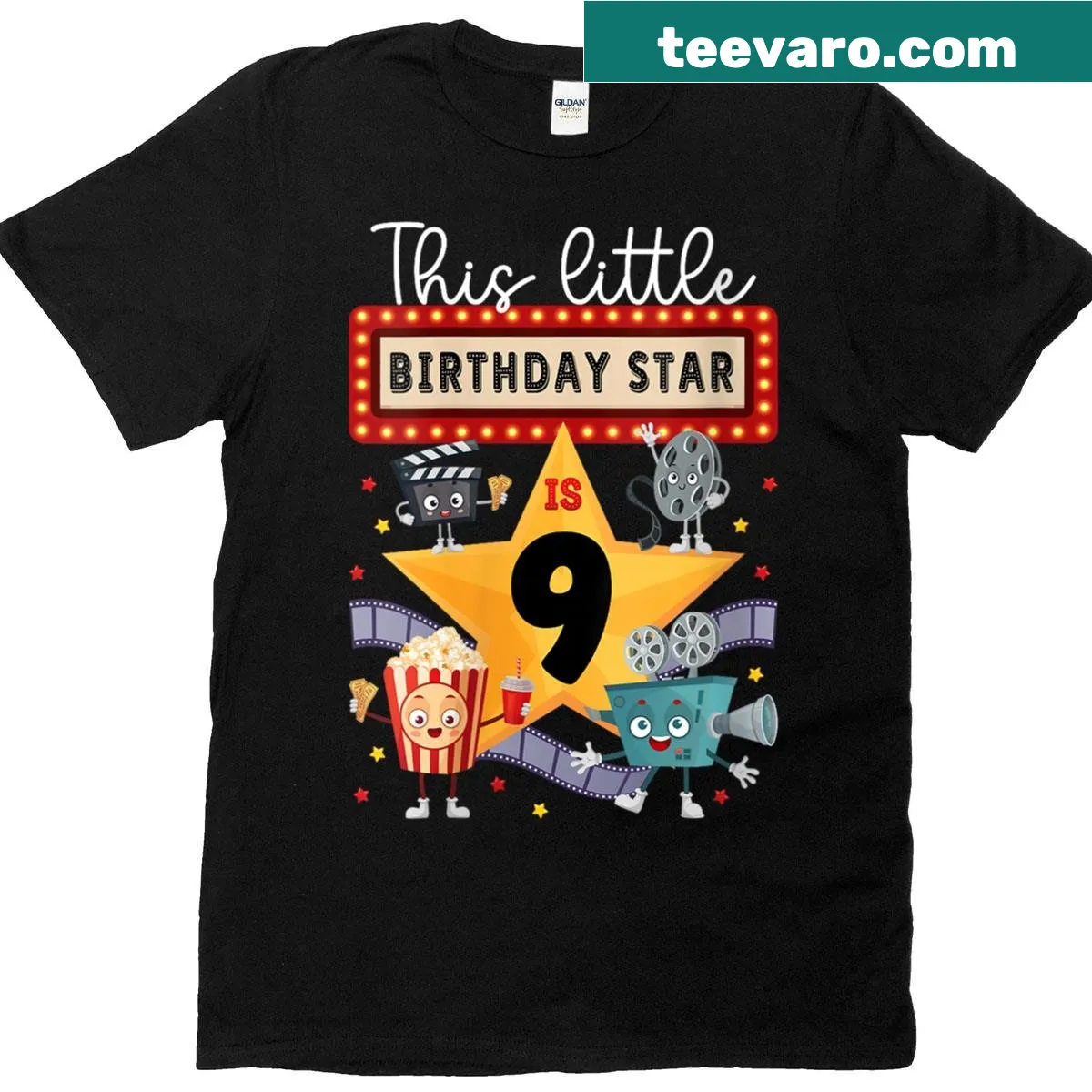 T-shirt with movie night themes for a nine-year-old's birthday — on a men's t-shirt
