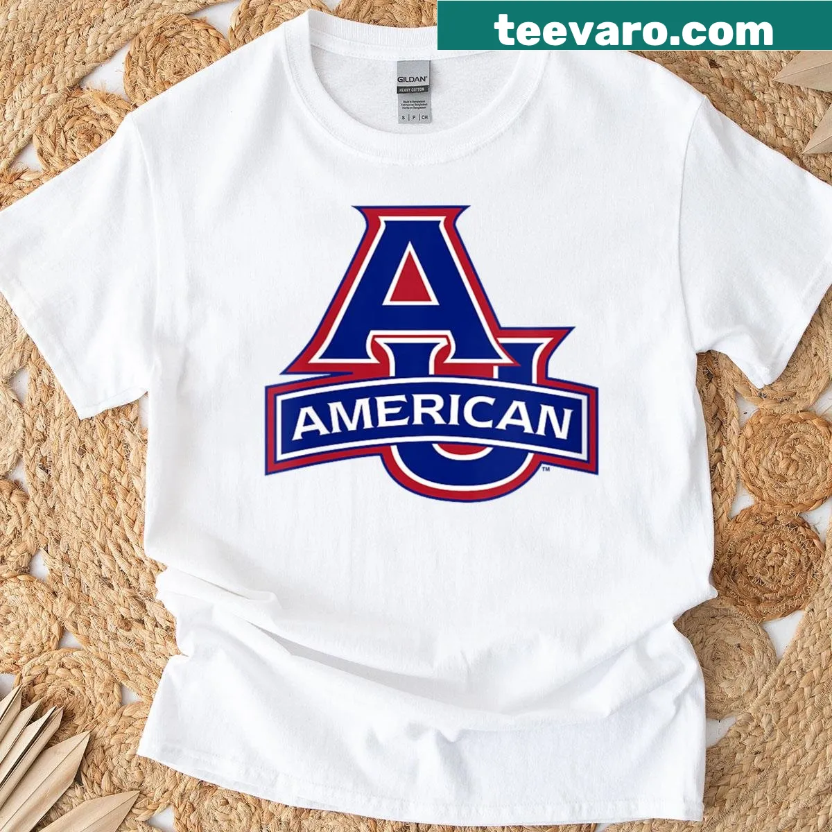 American University Eagles logo on a women's T-shirt — on a men's t-shirt