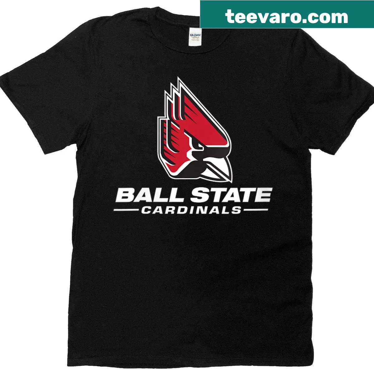 Ball State University Cardinals logo graphic on a women's tee — on a men's t-shirt