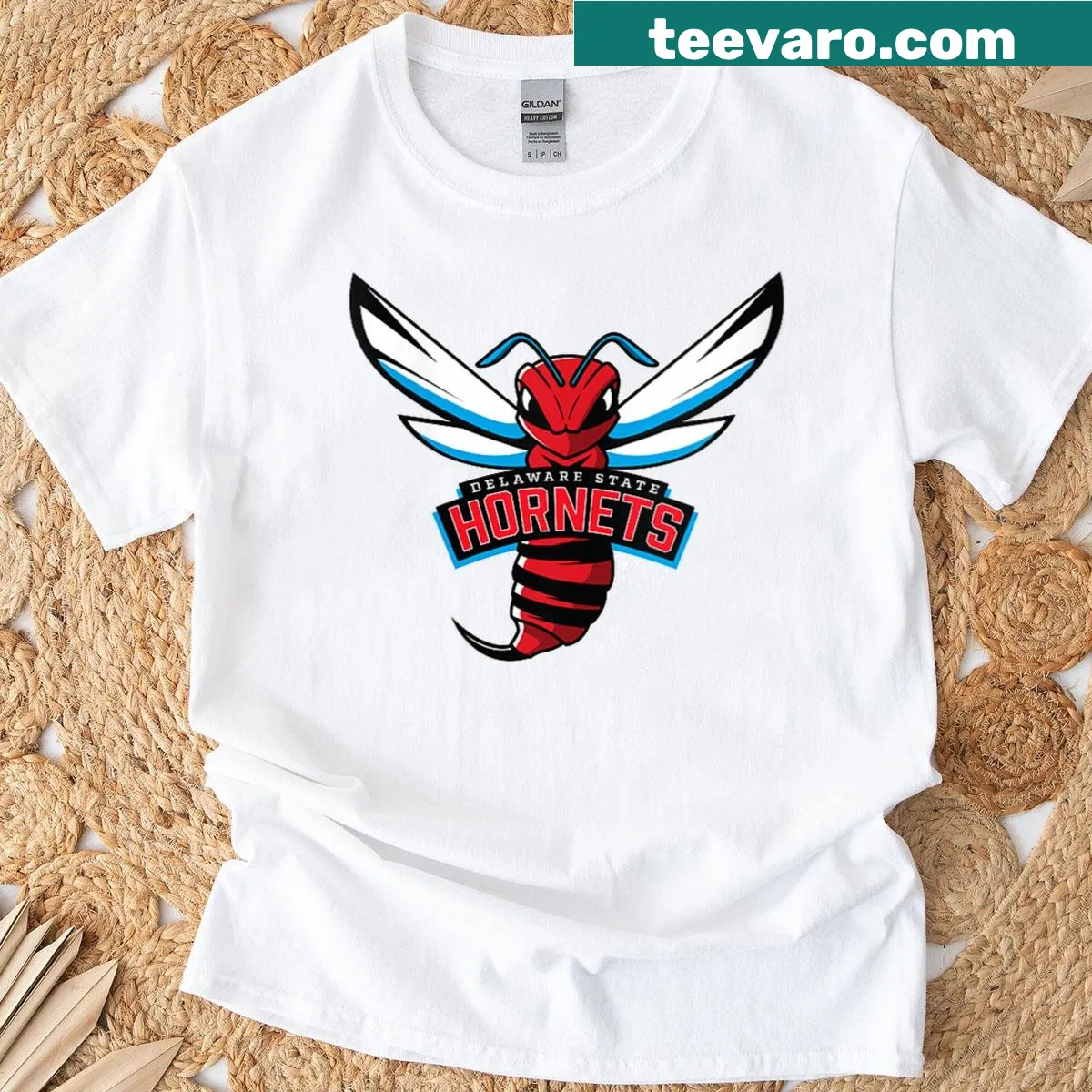 Delaware State University Hornets logo T-shirt for women — on a men's t-shirt