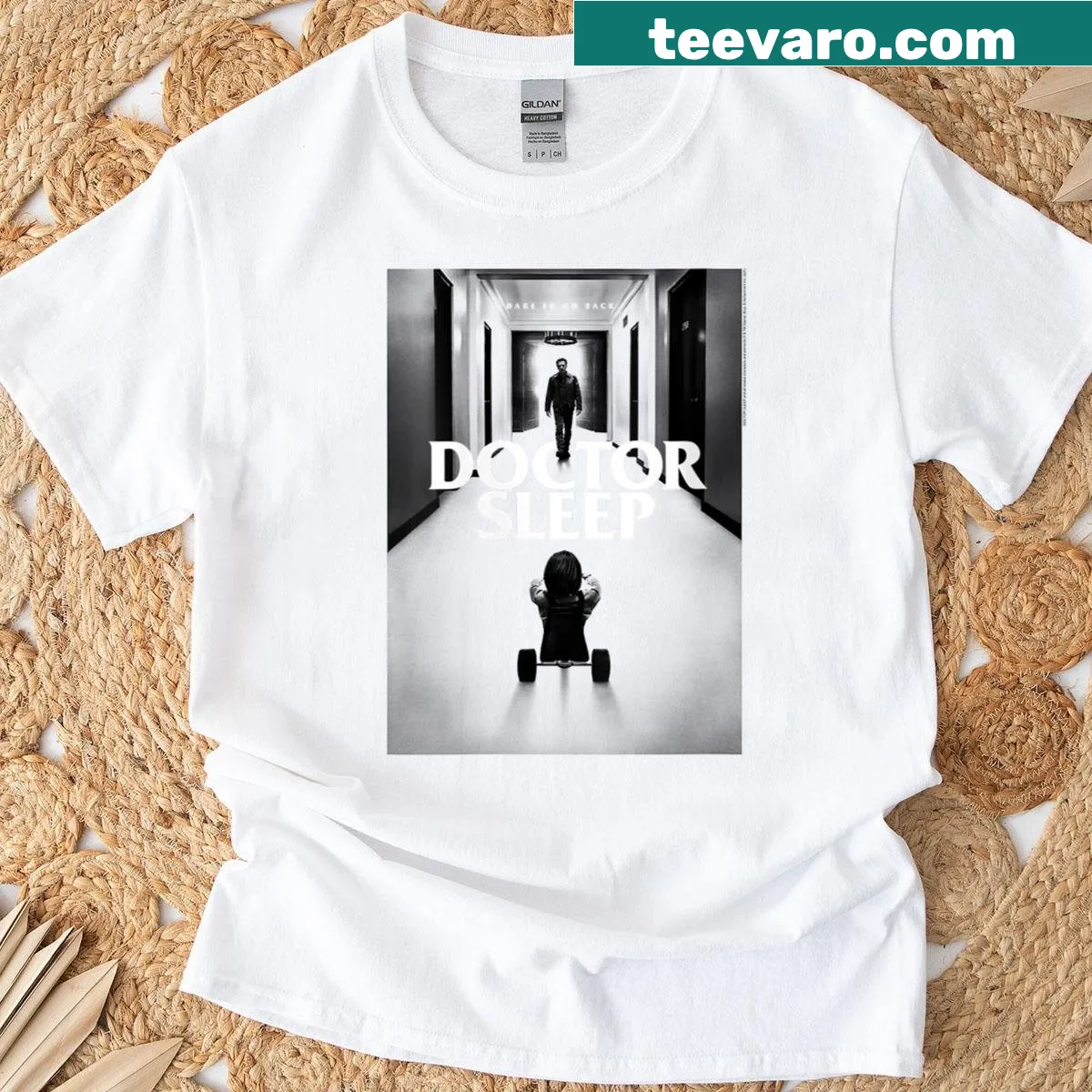 Illustration of a horror-themed tricycle in a hallway on a T-shirt — on a men's t-shirt