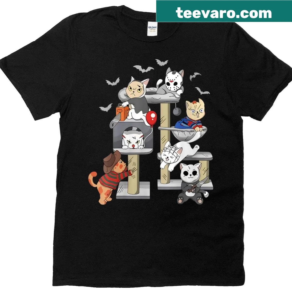 Cute Halloween cat-themed shirt featuring horror movie designs — on a men's t-shirt