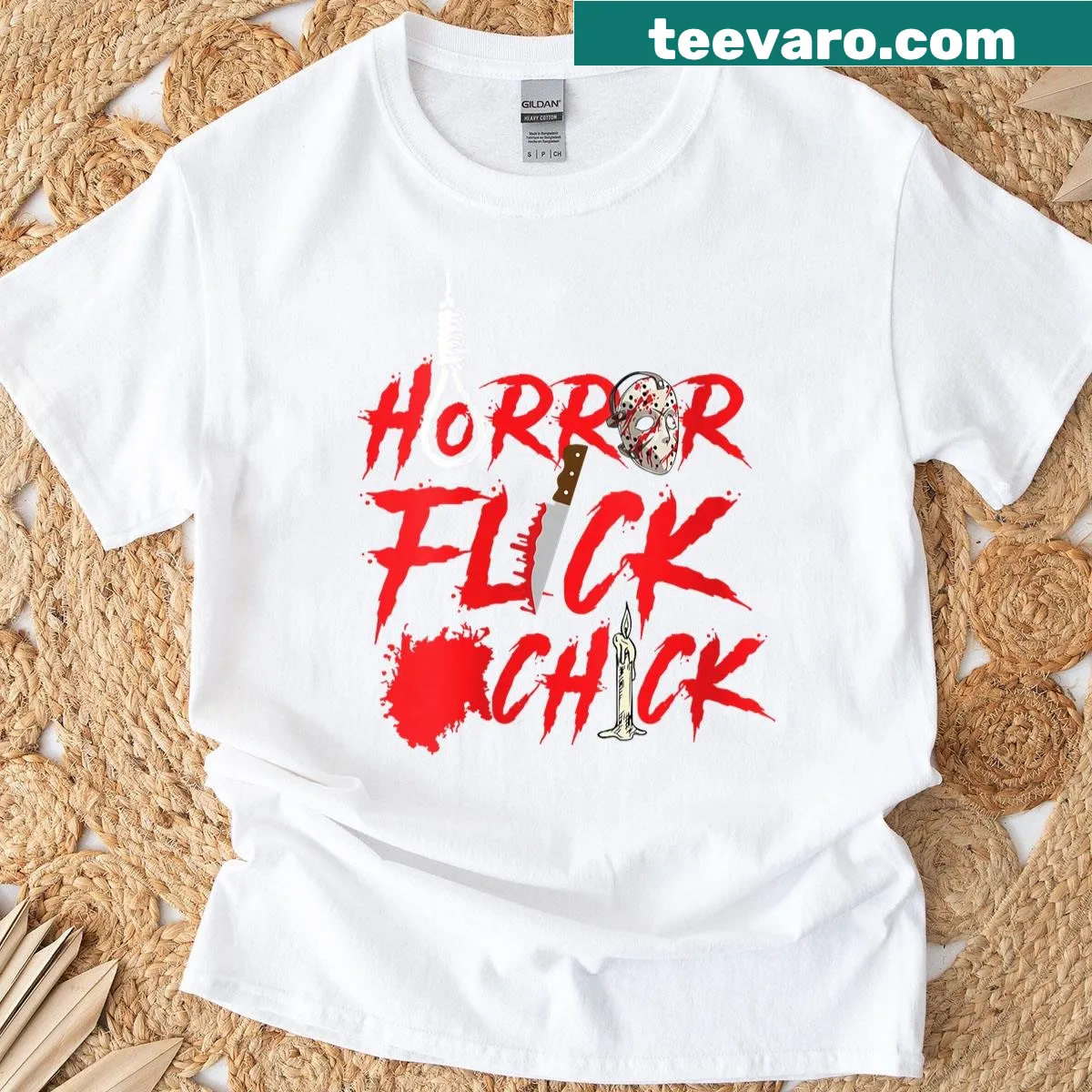 Funny horror movie T-shirt with playful typography — on a men's t-shirt